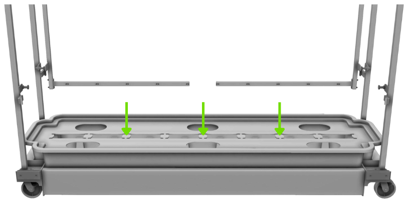 Tank Lid seated on the Tank inside the Base Frame, with three arrows marking where each Tank Lid Support goes underneath