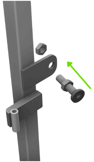 The magnet assembly going through the fin on a Corner Post, with one large nut behind the fin and a second nut waiting for the open end of the rod