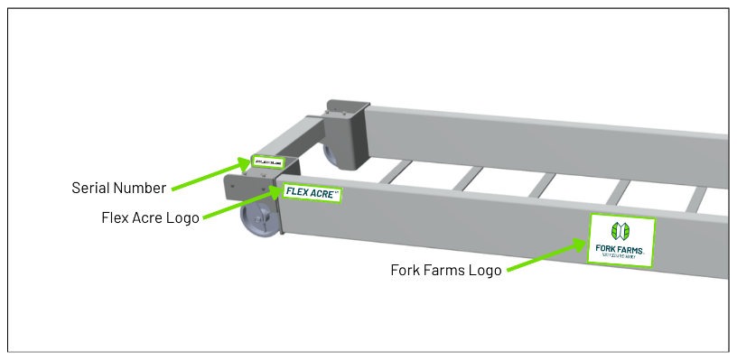 Decal placement on the Flex Acre, showing where the serial number, the Flex Acre Branded Magnet and the Fork Farms Branded Magnet sit on the front of your unit