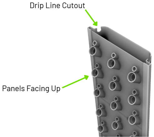 Top end of a Root Chamber, showing the Drip Line cutout and the loaded Panels with their plant spaces facing up
