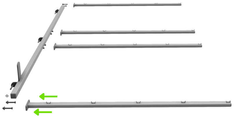 One Door Hinge Post laid flat with the fin facing up and 4 Light Arms lined up beside it, light brackets facing the same way as the fin