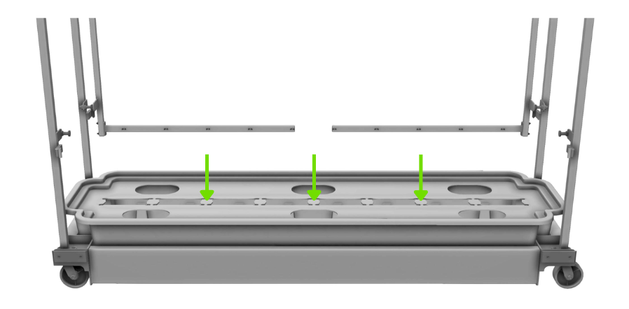 Tank Lid seated on the Tank inside the Base Frame, with three arrows marking where each Tank Lid Support goes underneath