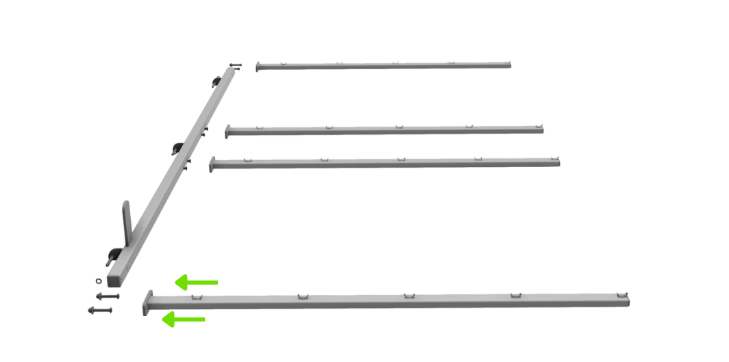 One Door Hinge Post laid flat with the fin facing up and 4 Light Arms lined up beside it, light brackets facing the same way as the fin