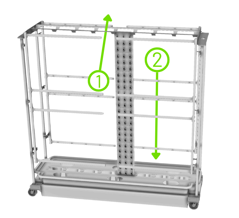 A loaded Root Chamber pushed up through the Cradle first, marked 1, then lowered onto the Tank Lid, marked 2