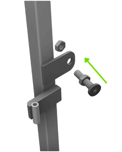 The magnet assembly going through the fin on a Corner Post, with one large nut behind the fin and a second nut waiting for the open end of the rod