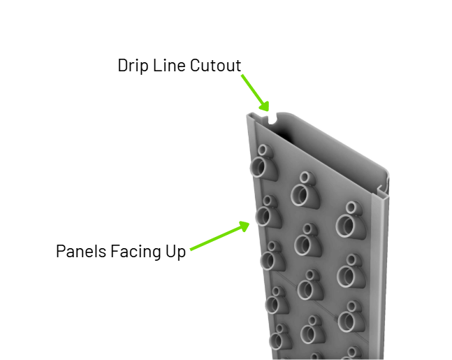 Top end of a Root Chamber, showing the Drip Line cutout and the loaded Panels with their plant spaces facing up